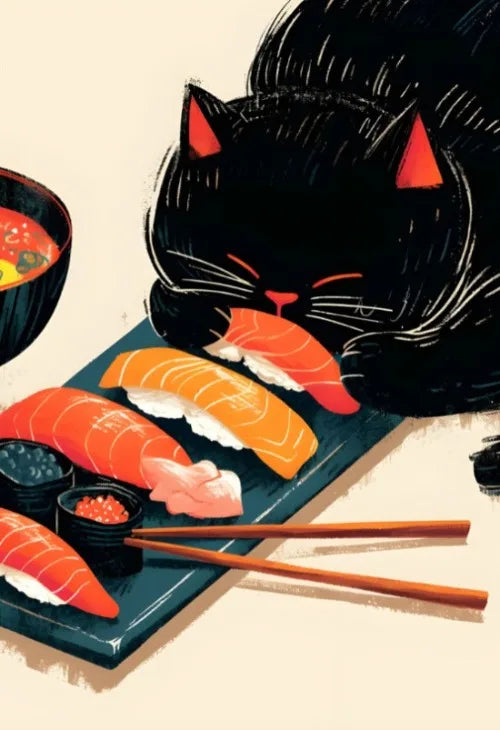Póster Vintage Japonés Gato Comiendo Ramen Sushi Maneki Neko Arte de Pared de Cocina Gato Japonés Neko Decoración de Pared Lienzo Pintura Restaurante