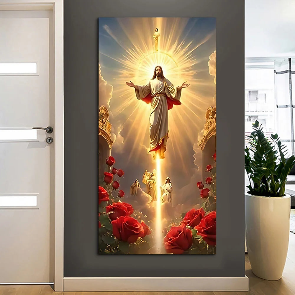 Classic Vintage Wall Art Jesus Ascension with Rose Scene, HD Canvas Print Poster, Home Living Room Bedroom Decoration