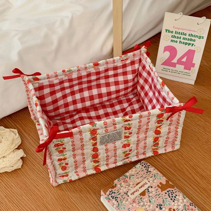 Cesta de almacenamiento cuadrada con encaje y flores, organizador de escritorio, cesta de almacenamiento acolchada coreana, bonita cesta de almacenamiento, decoración del hogar