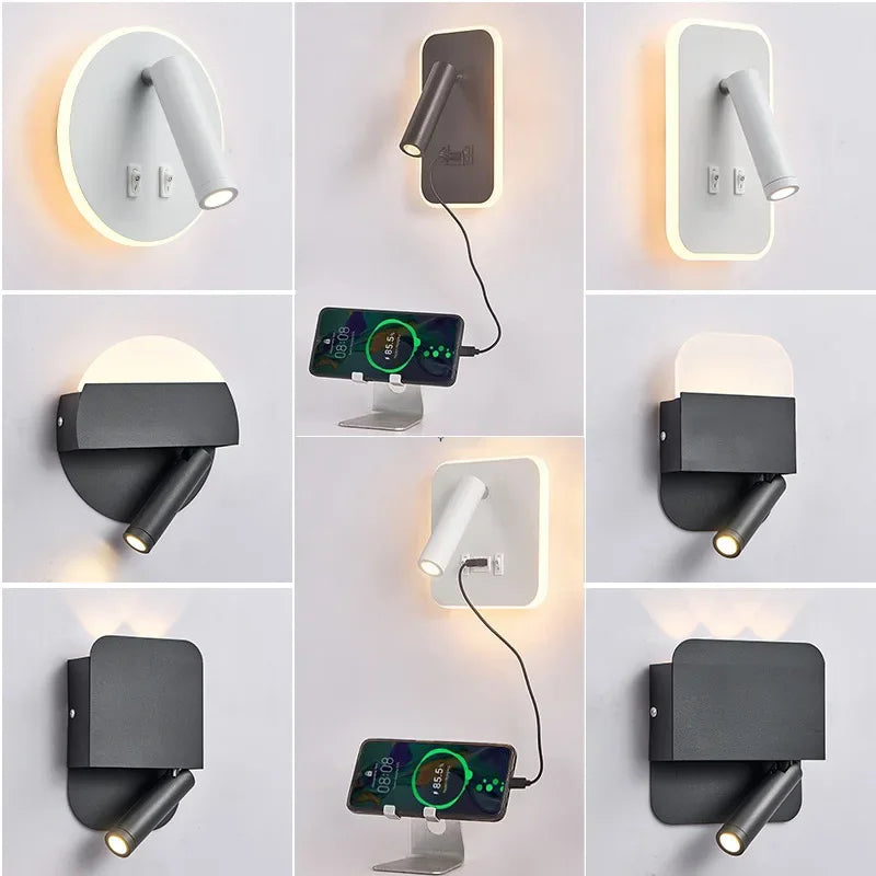 Applique Murale Moderne Minimaliste LED USB Rechargeable Lampe de Chevet Intérieure pour Chambre d'Hôtel Liseuse Applique Murale avec Interrupteur AC 90~240V