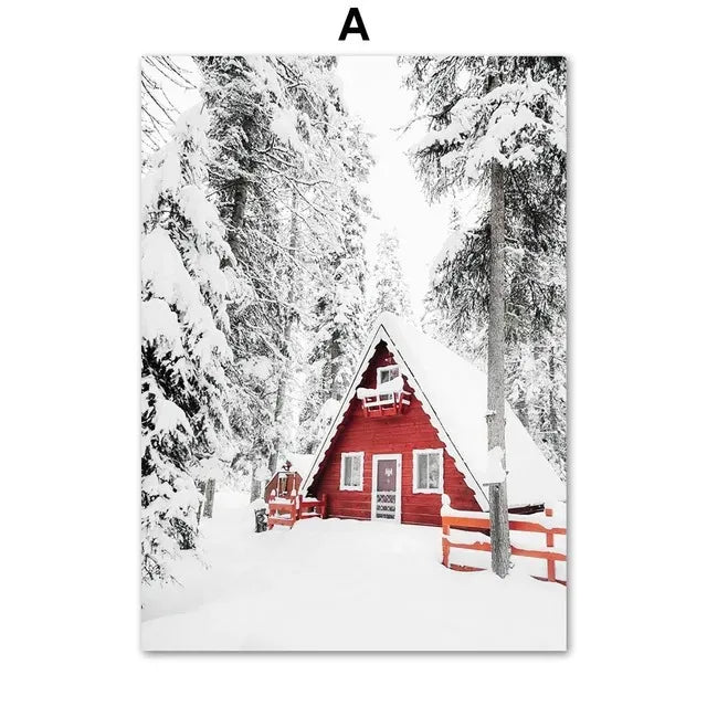 Pintura en lienzo de arte de pared con diseño de paisaje nevado de invierno, póster de Papá Noel de pino y alce e impresión para la decoración navideña del hogar y diseño de sala de estar
