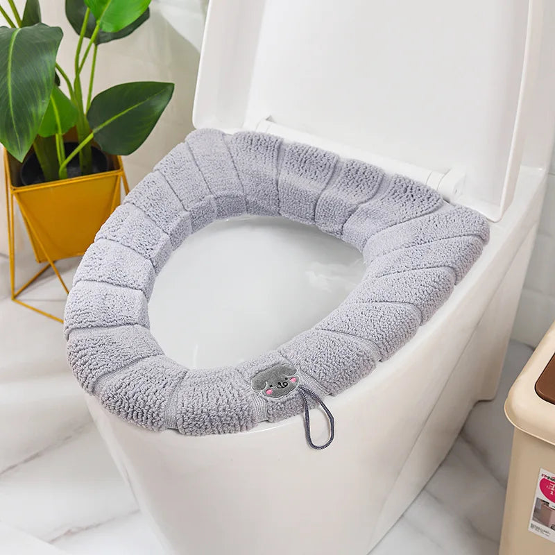 Funda de asiento de inodoro cálida de invierno, alfombrilla de inodoro para baño con asa, cojín grueso suave lavable, accesorios para calentador de inodoro