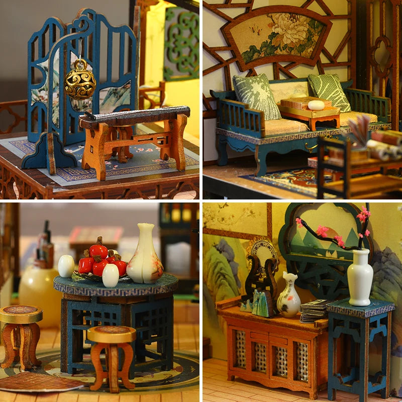 Kit de construction miniature Pavillon d'orchidées élégant DIY - Modèle 3D fait main style Ancien chinois, créatif Noël noir