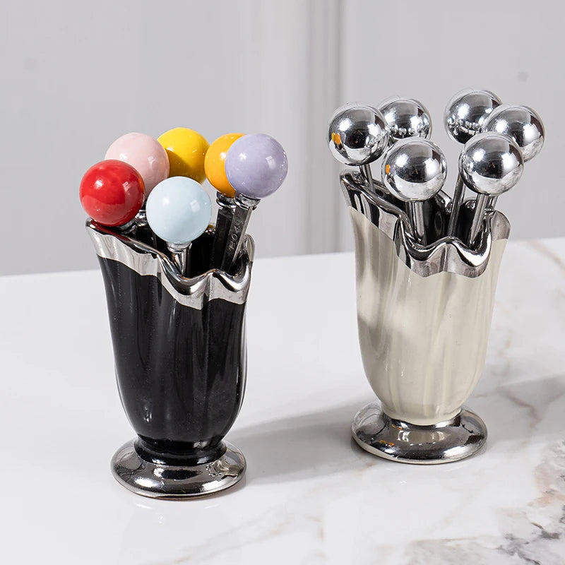 Juego de tenedores de fruta y postre de acero inoxidable de alta gama, con recipiente de almacenamiento de cerámica - tenedor de fruta innovador