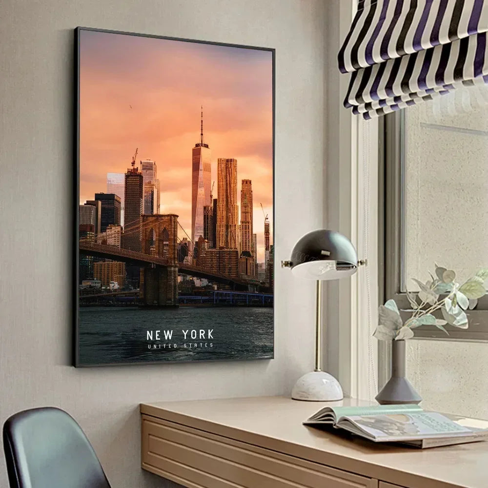 Affiche d'art Paysage nocturne de Manhattan à New York Moderne Affiches HD Décoration Maison Chambre Bar Café Peinture Murale