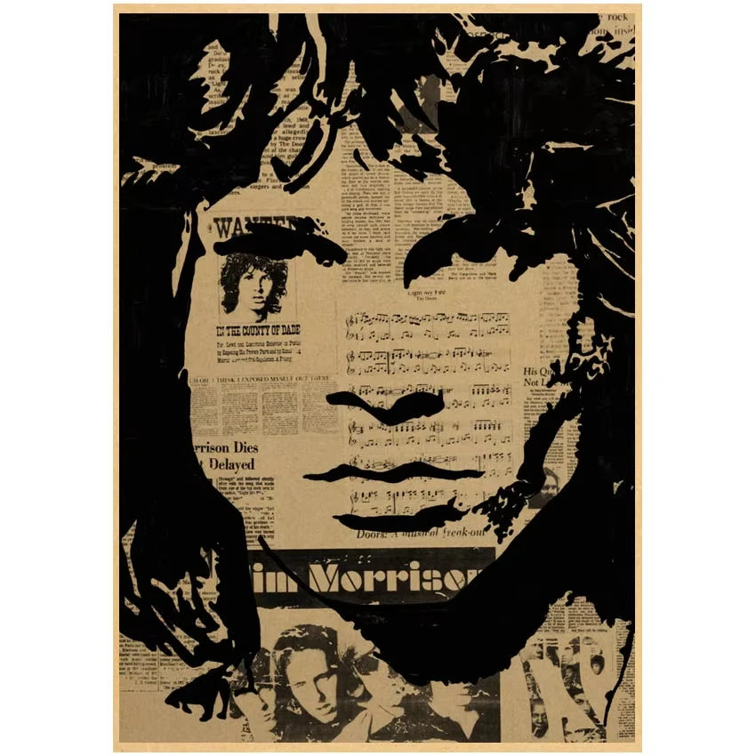 The Doors Jim Morrison Vintage Retro banda de rock música Guitarra Póster de papel kraft mate Adhesivo de pared Decoración de habitación del hogar