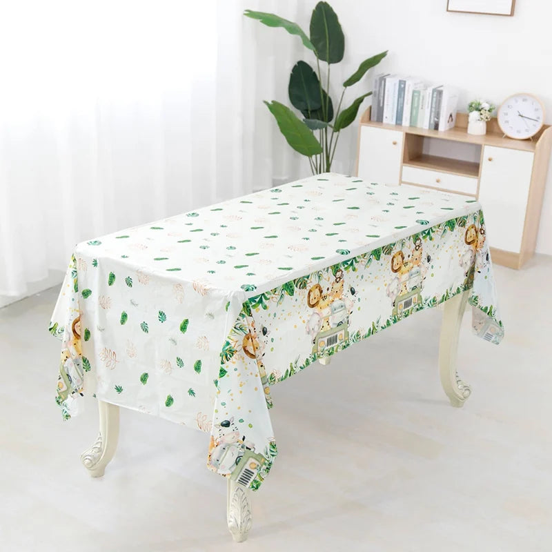 Nappe d'anniversaire animaux de la jungle, feuilles de palmier, nappe de fête d'anniversaire Safari dans la jungle, décoration pour enfants Wild One