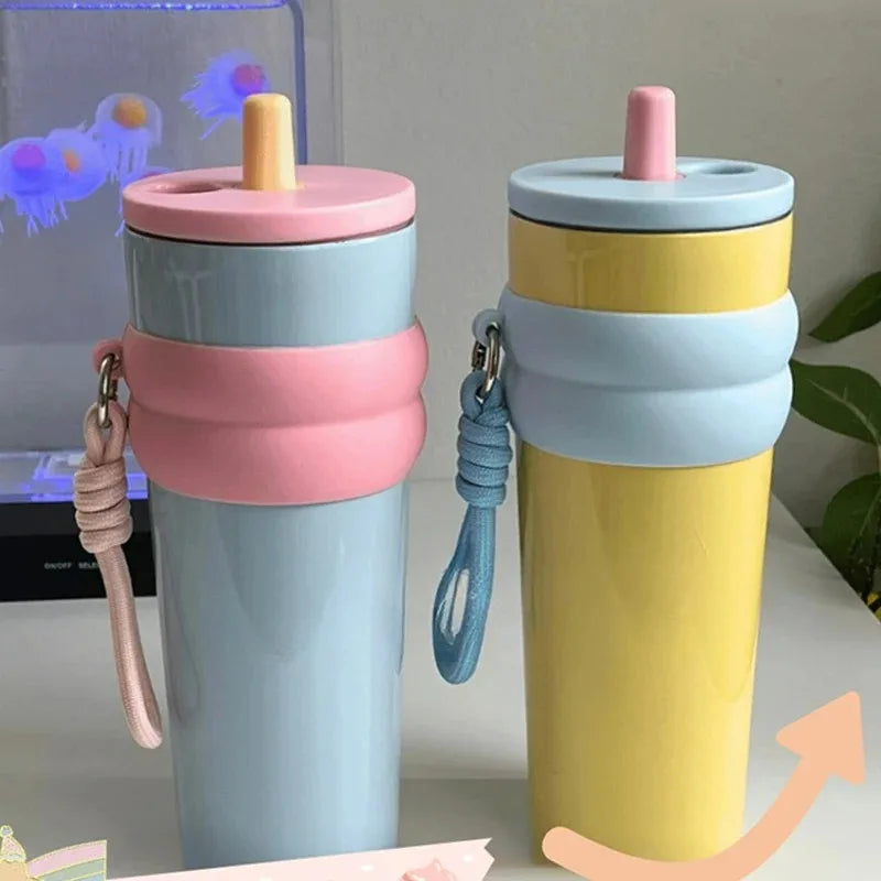 Gobelet de voyage de 710 ml avec anse et couvercle à paille, grande capacité, en acier inoxydable, isotherme, garde au froid