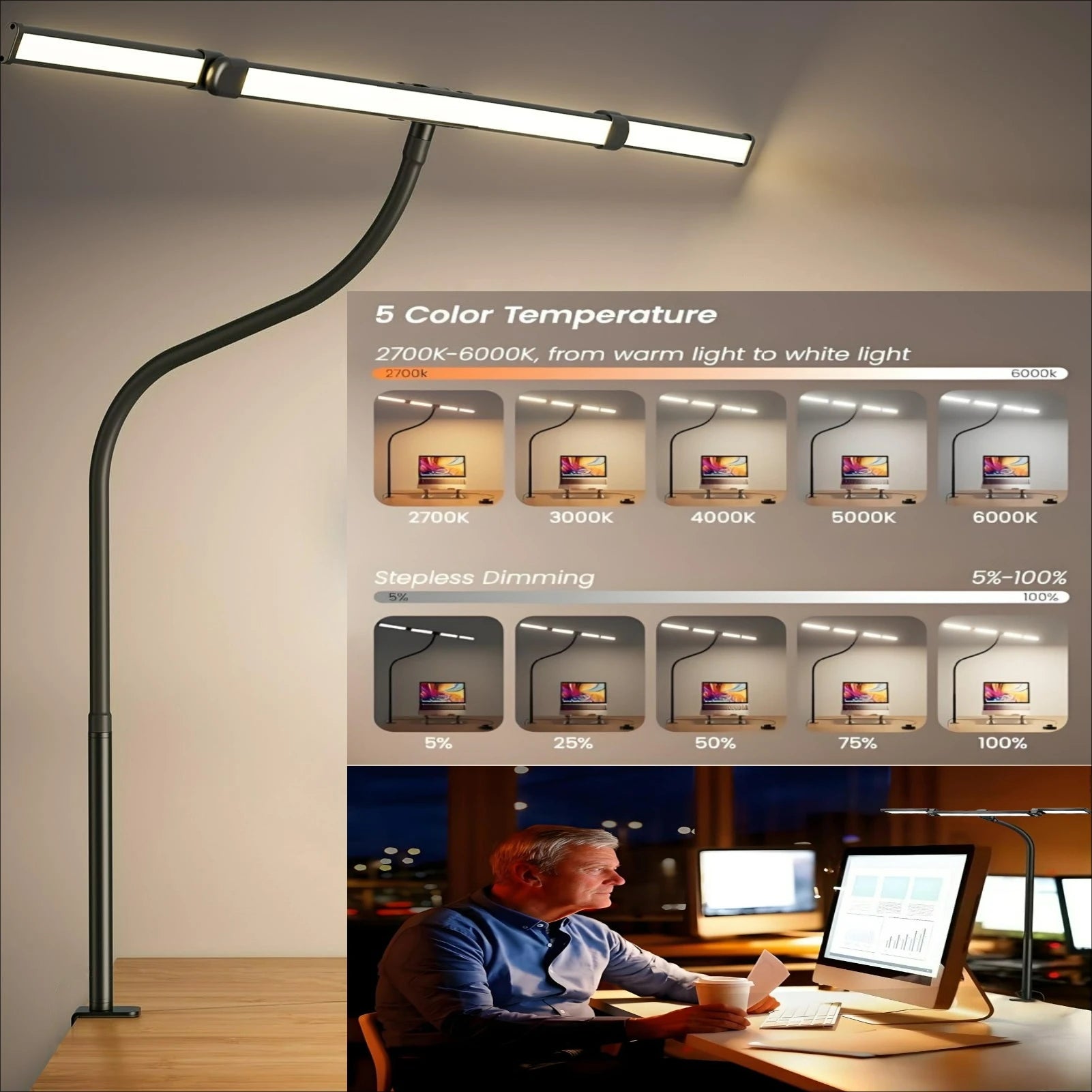 Lámpara LED de escritorio con pinza, atenuación remota, 24W, ultrabrillante, para arquitectos en el hogar y la oficina, combinada con iluminación ambiental