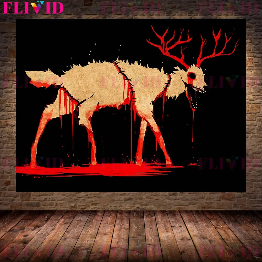 El lobo devora el cordero y el cuervo sangriento de la luna llena arte de pared vintage, animales de terror, póster e impresión de arte de minimalismo