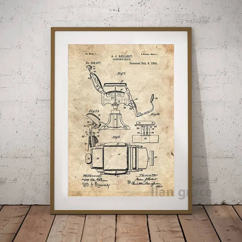 Barber Patent Blueprints Vintage Posters Canvas Prints ,Shaving Brush, Scissors Barber's Pole, Cutthroat Razor Barbershop Decor