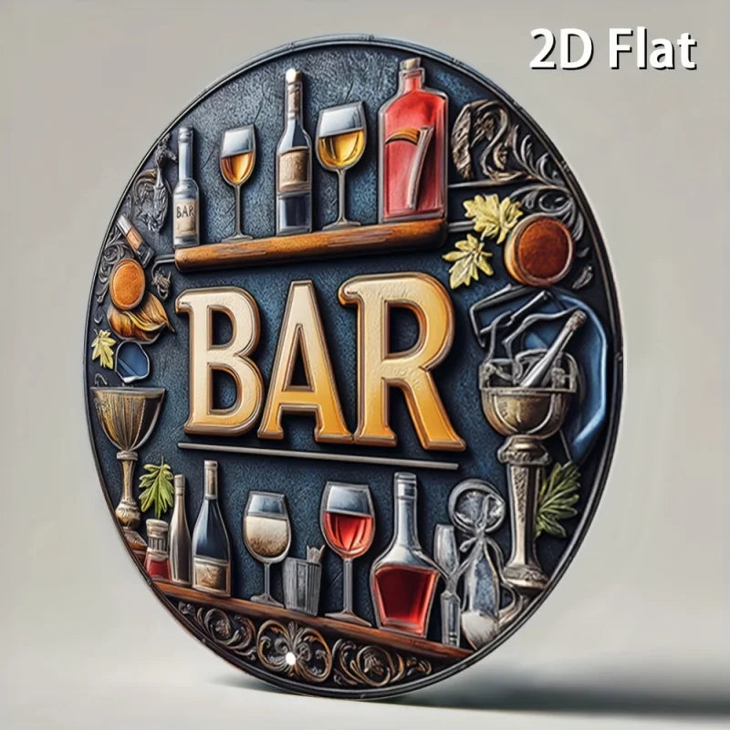 Enseigne murale ronde en métal vintage 2D, 1 pièce - Design élégant de vin et verres, art mural rond en aluminium rétro pour bars, cafés, maisons de plage