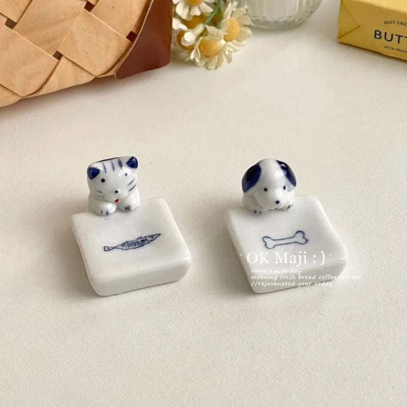 Porte-baguettes Kawaii Chat Chien en céramique, support pour couteau, cuillère, fourchette, vaisselle, porte-baguettes, décoration de table de salle à manger, fournitures de cuisine