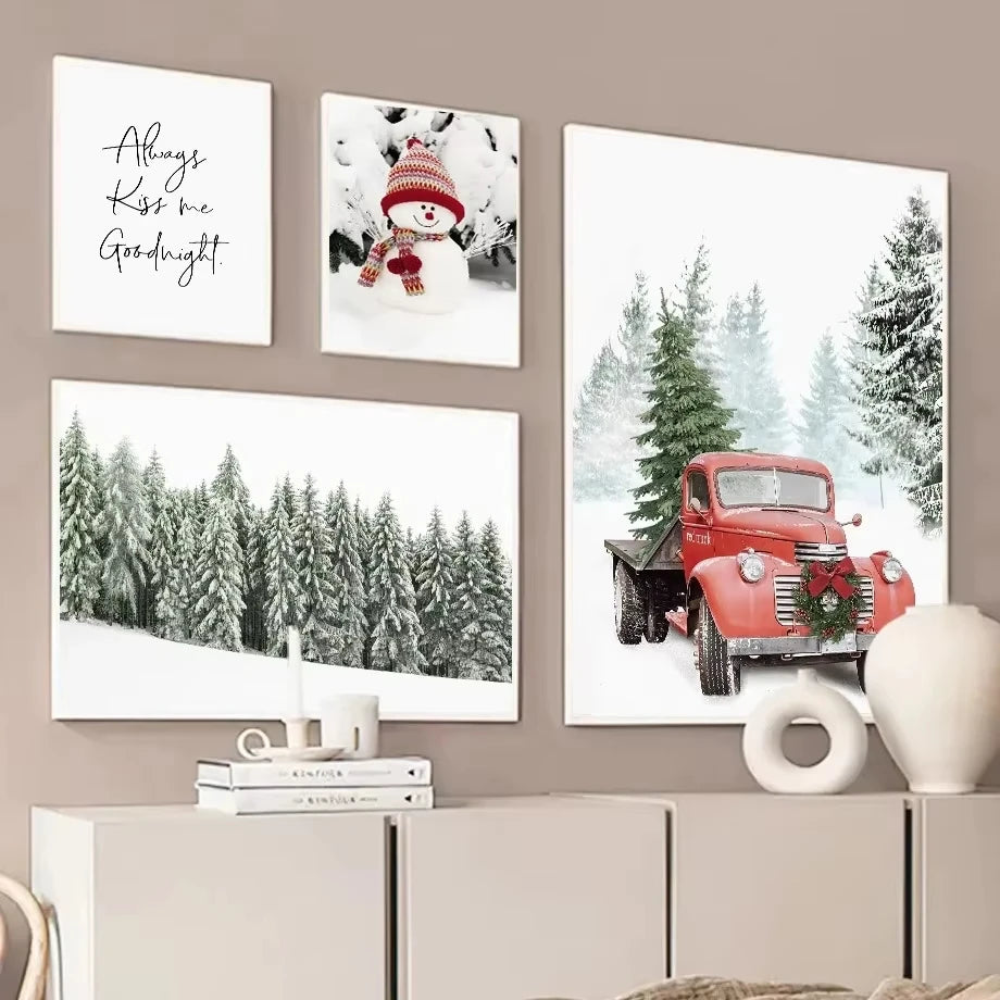 Pintura en lienzo de arte de pared con diseño de paisaje nevado de invierno, póster de Papá Noel de pino y alce e impresión para la decoración navideña del hogar y diseño de sala de estar