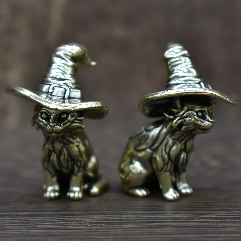 1pc Vintage Brass Witch Cat Statue, Solid Miniature Cat Sculpture, Decorative Animal Figurine, Antique Copper Tea Pet, Collectib