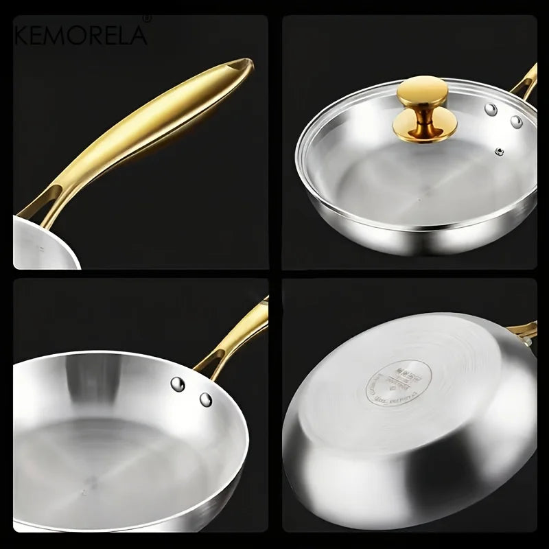 KEMORELA Sartén de Acero Inoxidable 316 con Mango Dorado Wok Antiadherente para Cocinar Filetes Olla Universal para Estufa de Gas