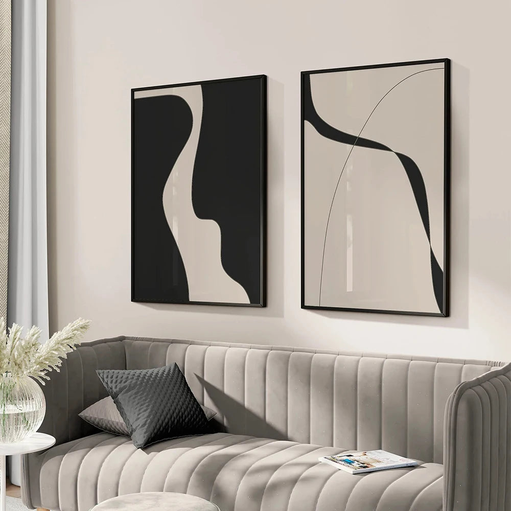 Tableau d'art mural moderne, motif abstrait minimaliste, dessin au trait, poster beige et noir, toile pour décoration de salon