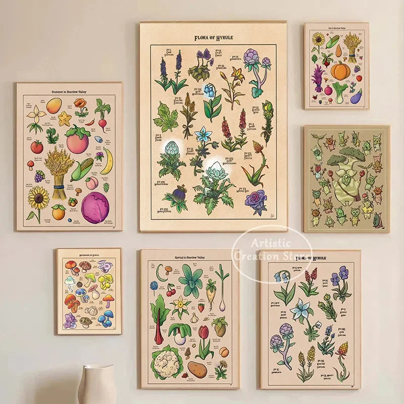 Flora de Hyrule inspirée des jeux vidéo, affiches Koroks, livre sur les plantes du monde des champignons, toile imprimée, images murales, décoration de salle de jeux