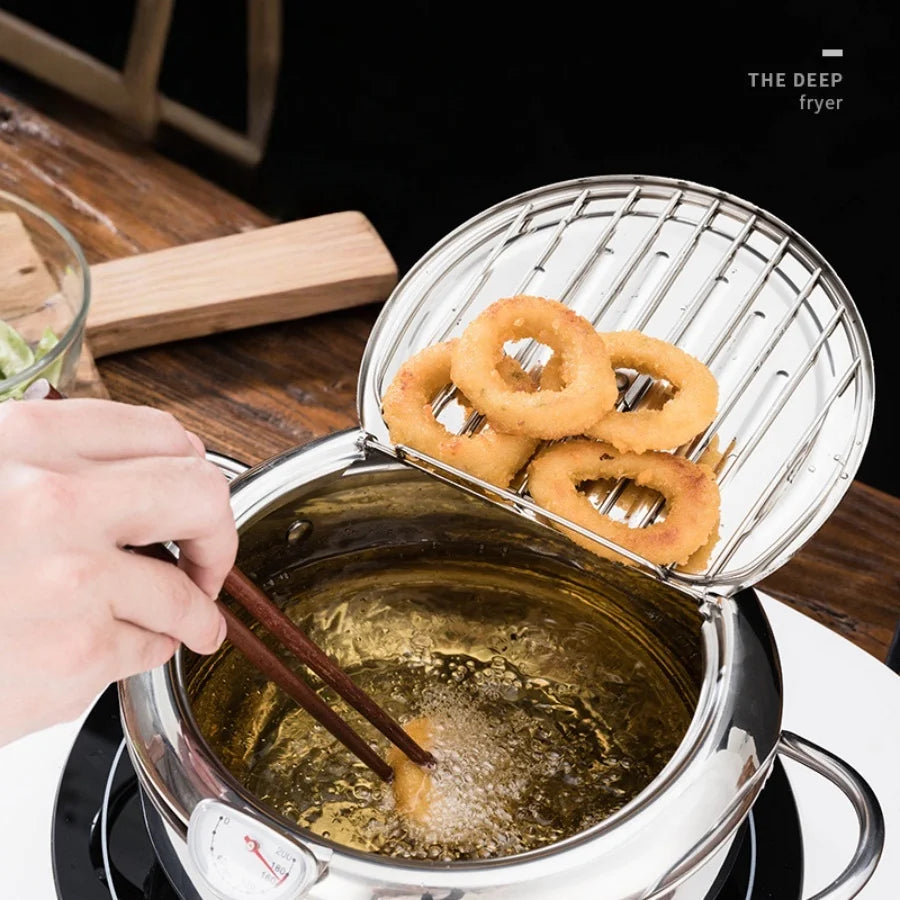Olla japonesa para freír con termómetro y tapa, sartén freidora de tempura de acero inoxidable 304, 20 24 cm