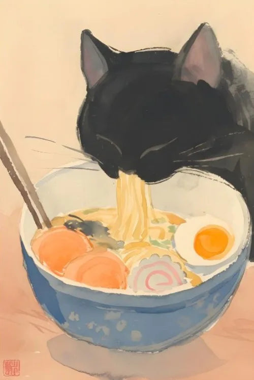 Póster Vintage Japonés Gato Comiendo Ramen Sushi Maneki Neko Arte de Pared de Cocina Gato Japonés Neko Decoración de Pared Lienzo Pintura Restaurante
