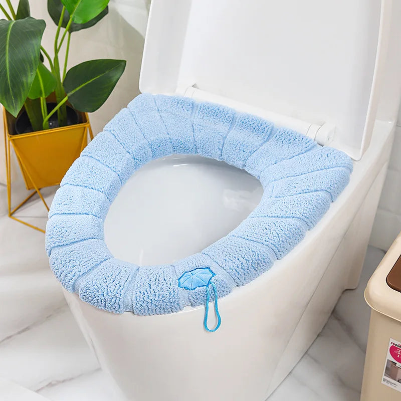 Funda de asiento de inodoro cálida de invierno, alfombrilla de inodoro para baño con asa, cojín grueso suave lavable, accesorios para calentador de inodoro