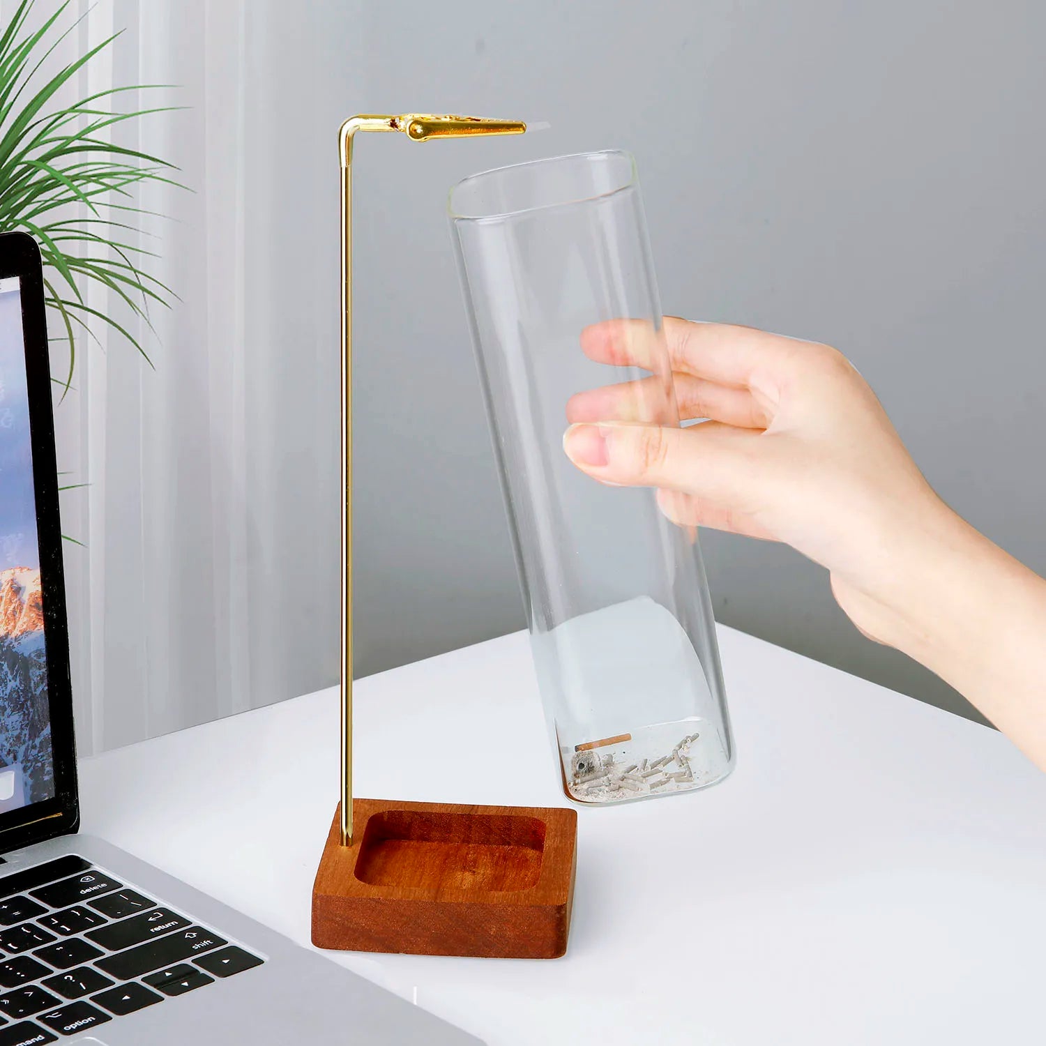 Soporte de incienso de vidrio, soporte de incienso de madera para varillas con recogedor de cenizas de vidrio, quemador de incienso anti-cenizas voladoras para yoga y decoración del hogar