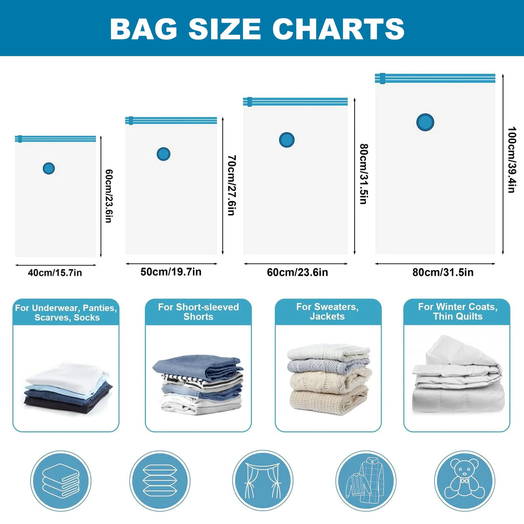 Lot de 4 sacs de rangement sous vide à compression, sac de rangement scellé pour vêtements, organisateur ménager pour économiser de l'espace, pompe manuelle non incluse