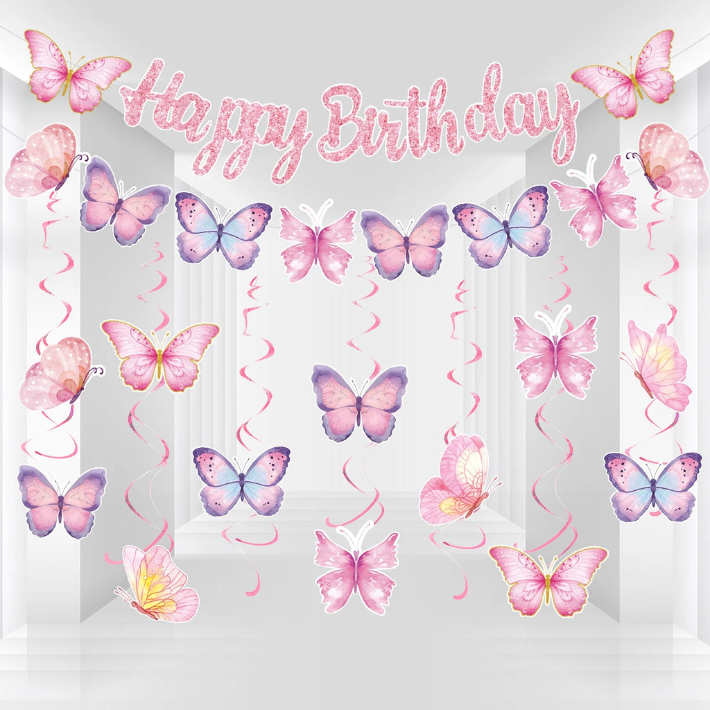 Butterfly Banner Spiral Set Happy 1st Birthday Party Decorations Kids Girls Favors Gifts Spring Butterfly Theme Hanging Pendant