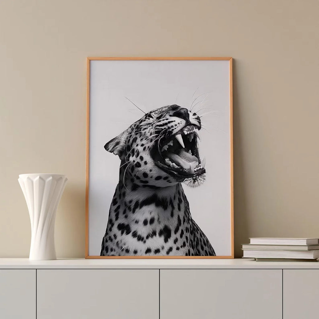 Lámina de Arte de Pared con Estilo Moderno - Impresión de Leopardo Rugiente de Moda - Blanco y Negro - Decoración del Hogar - Arte de Pared para Imprimir Descarga Digital