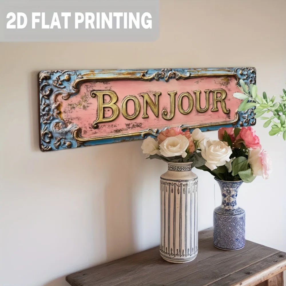 Cartel de madera vintage francés "Bonjour" - Decoración floral parisina para cafetería de 5x16", arte para sala de estar o dormitorio