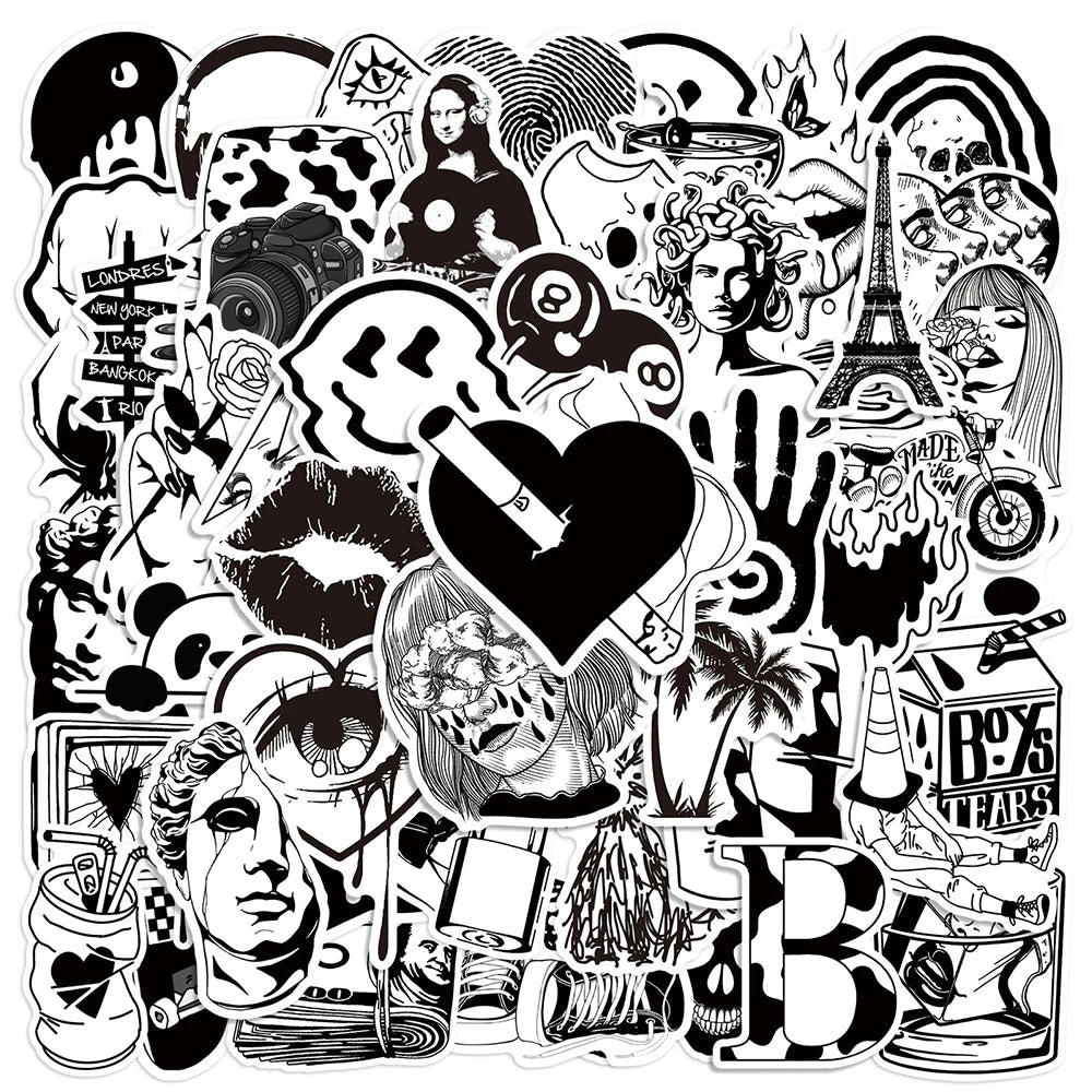 10/30/50 pegatinas de grafiti geniales de estilo artístico en blanco y negro para decoración de laptop, monopatín, motocicleta, teléfono, equipaje, juguete