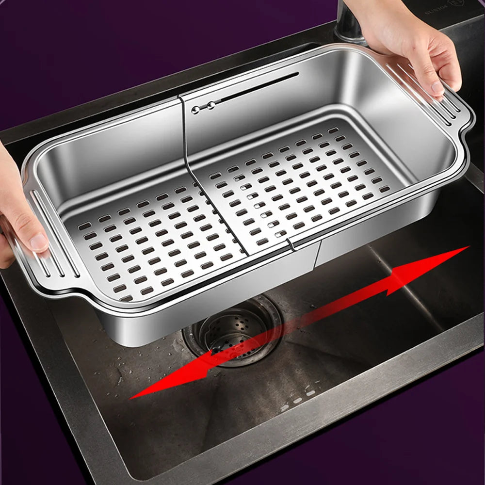 Cesta de filtro de fregadero telescópica de acero inoxidable, longitud ajustable, utilizada para lavar frutas, escurrir espaguetis y vajilla