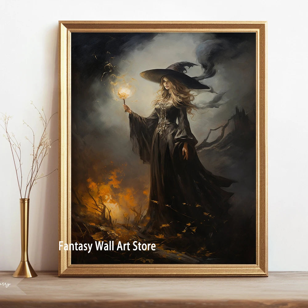 Estampa artística de bruja, bruja con luna llena, decoración de pared, pintura de brujas en la oscuridad, decoración de pared, póster de lienzo, decoración romántica oscura