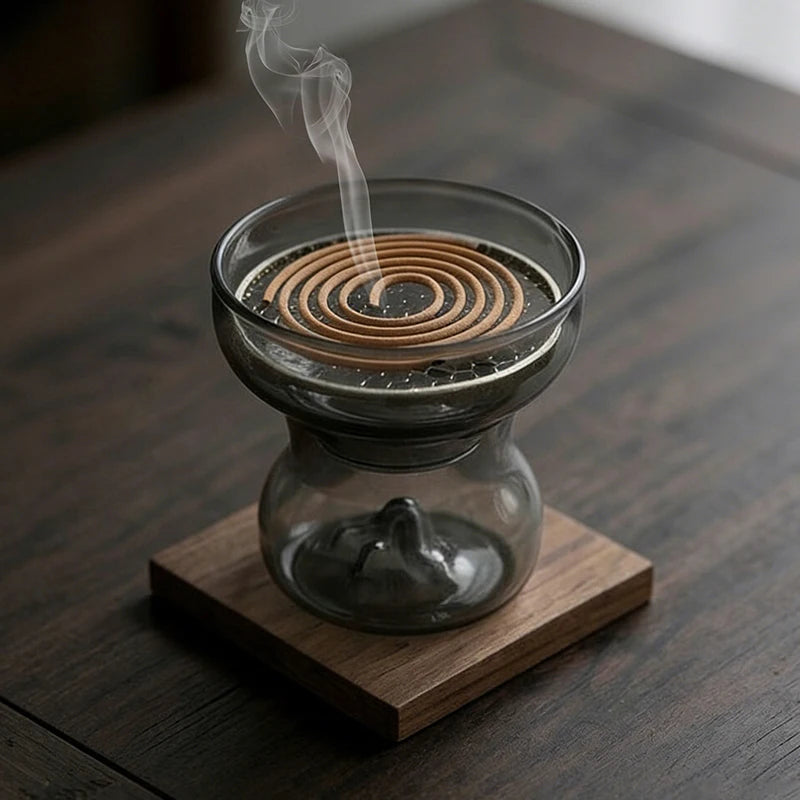 Glass Incense Burner Mountain Incense Holder for Coil Incense and Cone Incense with Glass Ash Catcher for Meditation Yoga Spa