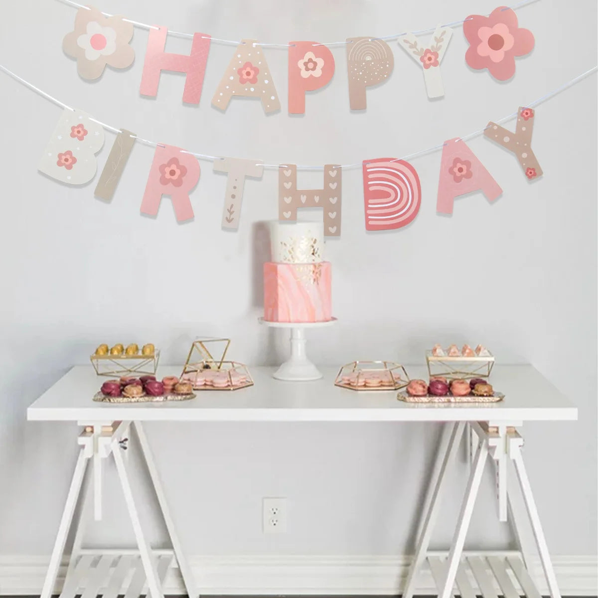 INS Bohemio Boho Arco Iris Pancarta de Papel Feliz Cumpleaños Decoraciones Fiesta Niña Niños Baby Shower 1er Cumpleaños Suministros Bandera Colgante
