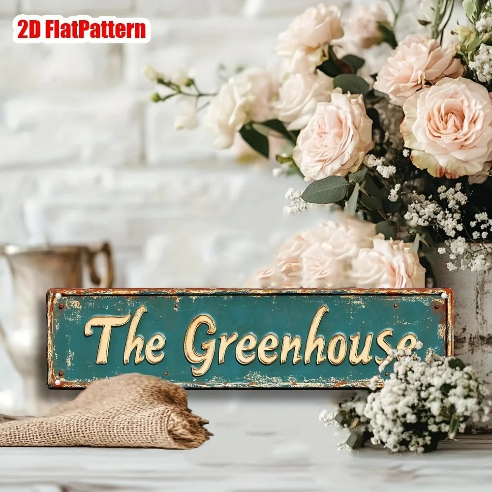 Cartel de pared metálico vintage "The Greenhouse" - 16x4" Decoración rústica de jardín, regalo de cumpleaños para tienda de plantas, arte