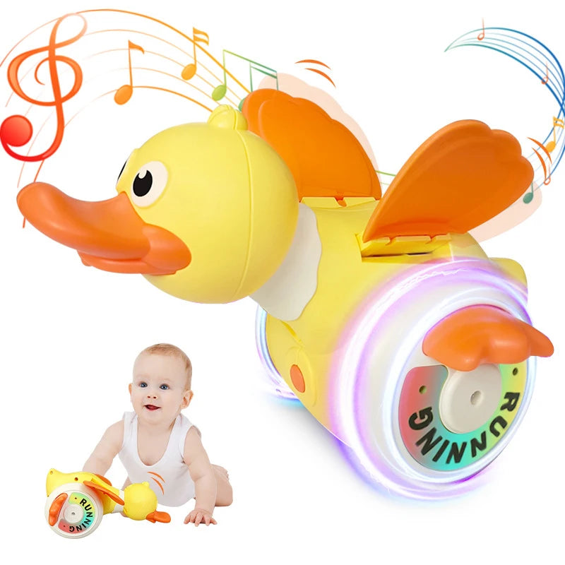 Canard Électrique Rotatif Simulation Recherche de Nourriture Rotation Libre Son&Lumière Musique Tummy Time Jouets de Ramper Jouet Éducatif