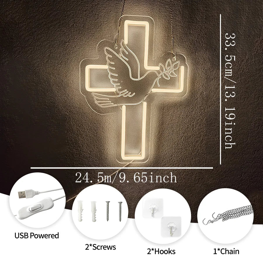 Letrero LED de neón de cruz, ícono de paloma blanco cálido, alimentado por USB para la iglesia de Jesús, bodas, hogar, decoración de actividades de Pascua, fácil de colgar.