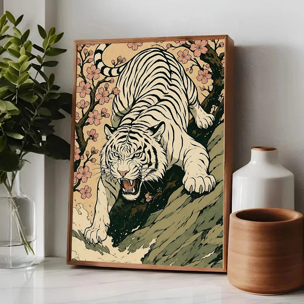 Lienzo vintage Ukiyo-e de tigre – Póster japonés de pared para sala de estar, dormitorio, decoración nórdica del hogar