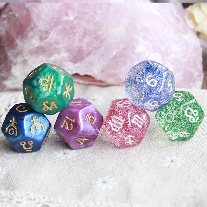 Jeu de 3 dés de 22*22mm à 12 faces, en perle/transparent, signes astrologiques du zodiaque, pour la divination des constellations