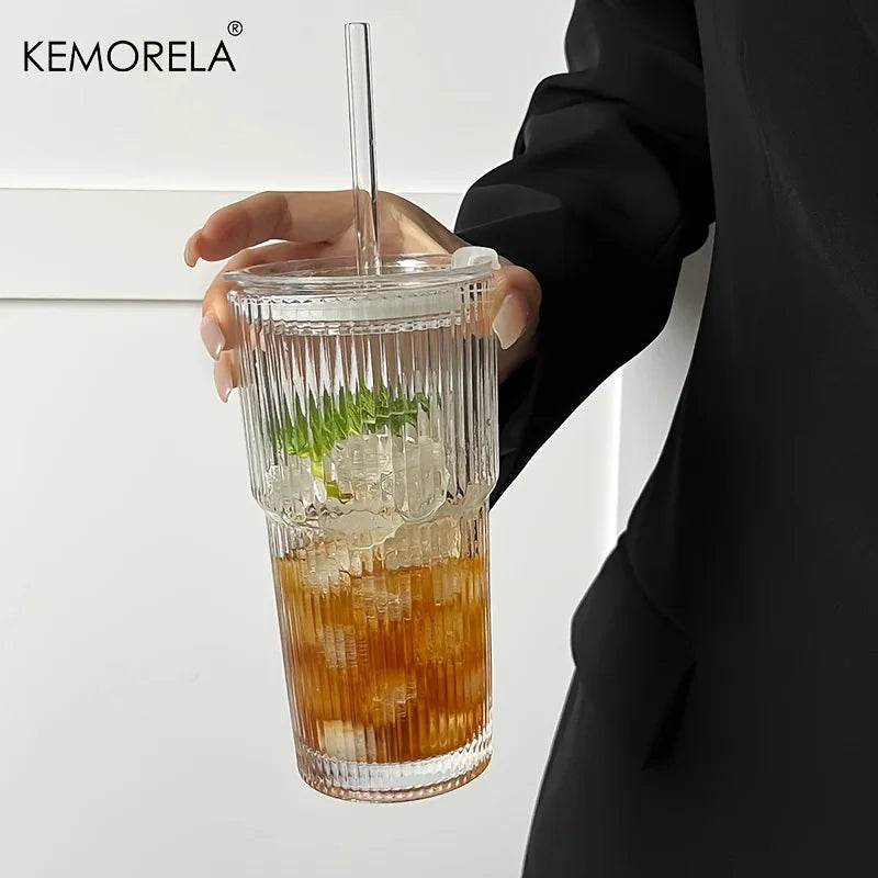 Vaso de café de cristal a rayas de 600 ml con tapa y vaso transparente sin pajita para zumo, café helado, tazas, vasos