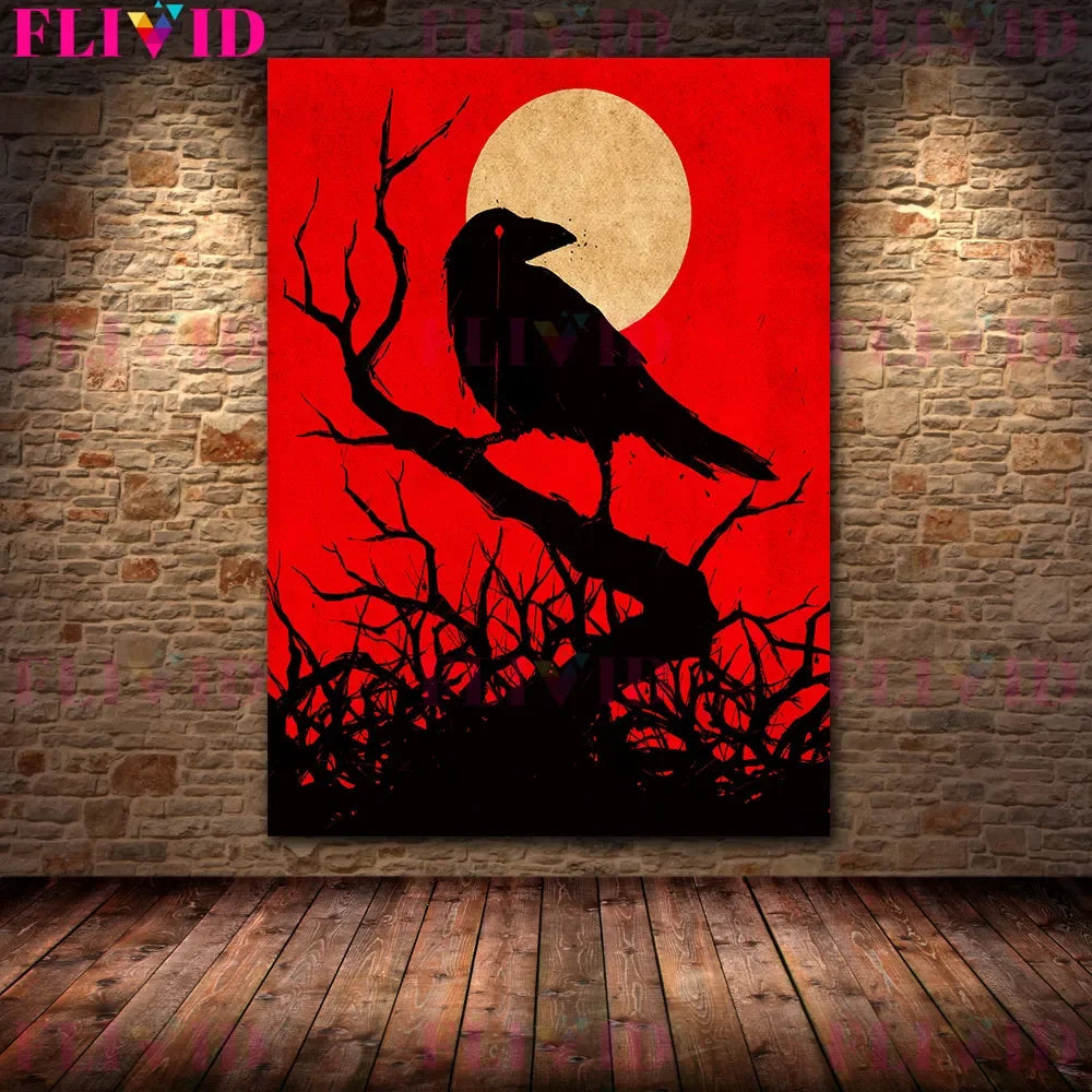 El lobo devora el cordero y el cuervo sangriento de la luna llena arte de pared vintage, animales de terror, póster e impresión de arte de minimalismo