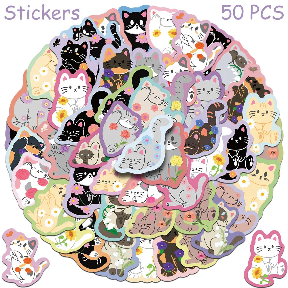 50 autocollants de dessin animé mignon chat pour ordinateur portable, scrapbooking, bagages, guitare, casque, autocollants esthétiques graffiti DIY, cadeaux créatifs