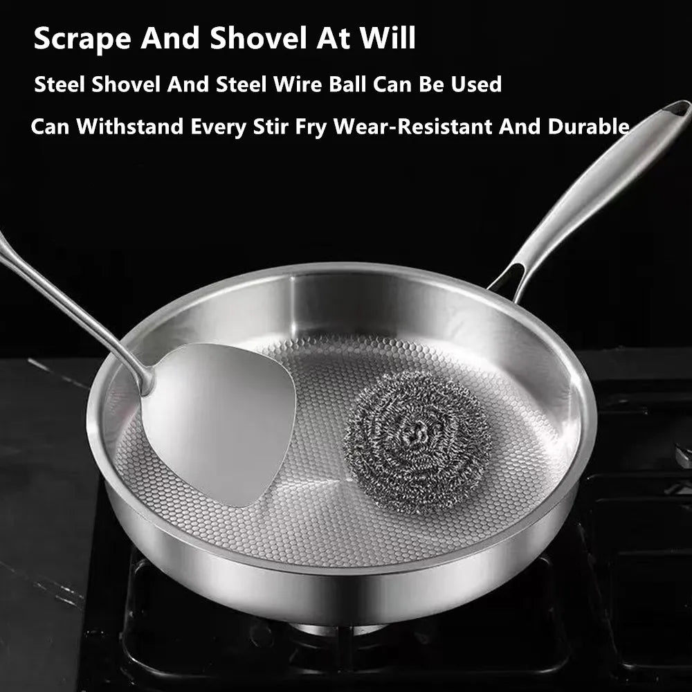 Wok en acier inoxydable 304 Poêle à frire antiadhésive Poêle à steak Ustensiles de cuisine non revêtus adaptés à la cuisinière à gaz et à l'induction