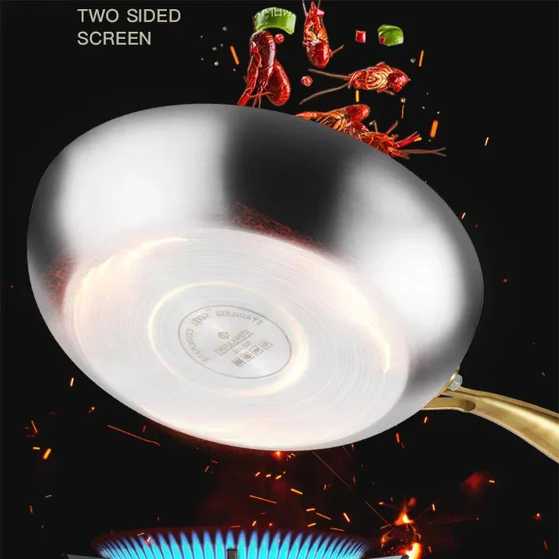 KEMORELA Sartén de Acero Inoxidable 316 con Mango Dorado Wok Antiadherente para Cocinar Filetes Olla Universal para Estufa de Gas
