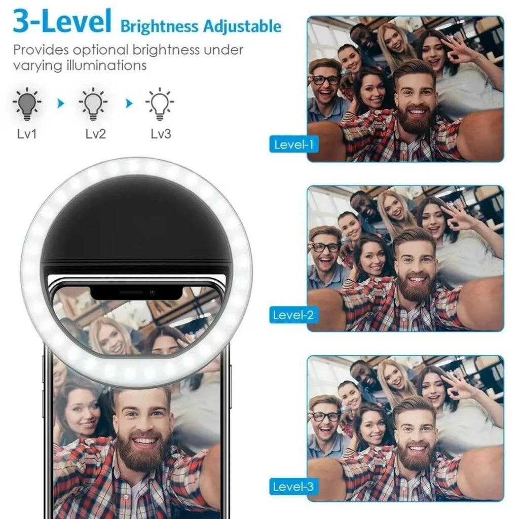 Anneau lumineux LED pour selfie, rechargeable par USB, lampe annulaire LED pour selfie de diffusion en direct sur téléphone portable, compatible avec tous les smartphones