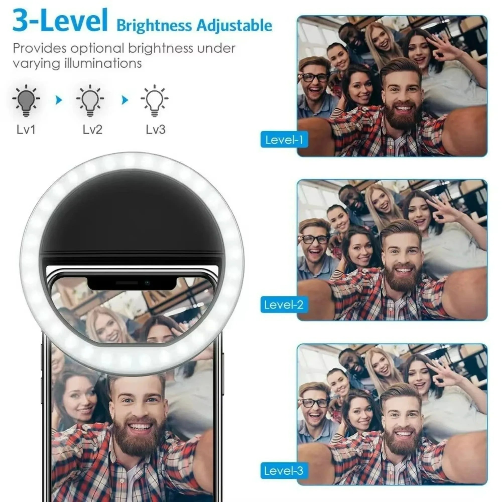 Anneau lumineux LED pour selfie, rechargeable par USB, lampe annulaire LED pour selfie de diffusion en direct sur téléphone portable, compatible avec tous les smartphones