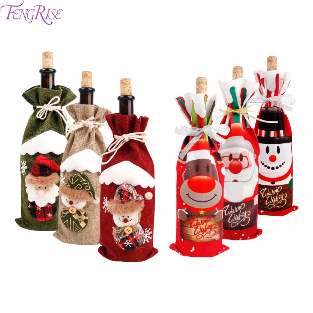 Décoration de Noël joyeuse pour la maison 2024 Housse de bouteille de vin Père Noël Chaussette bonhomme de neige Porte-cadeaux Décoration de Noël Nouvel An