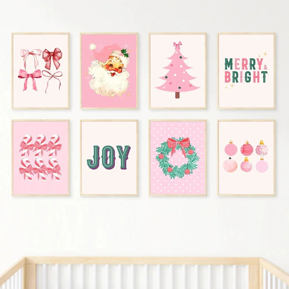 Art mural moderne simple, sapin de Noël rose, Père Noël, impression sur toile HD, affiche pour la maison, le salon, la chambre à coucher
