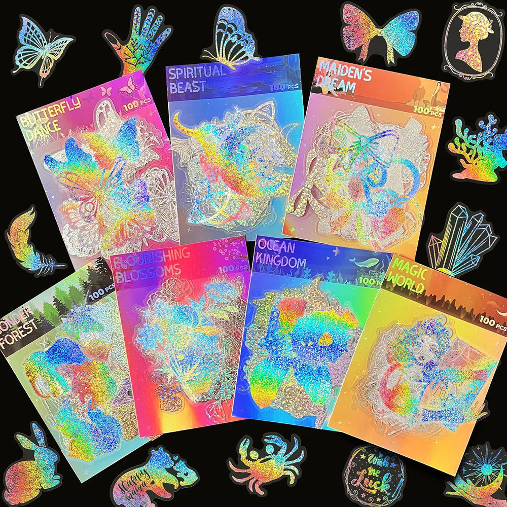 100 pegatinas láser holográficas bonitas de dibujos animados de anime, calcomanías estéticas de mariposas, pegatinas divertidas para álbum de recortes, laptop, teléfono, coche, para niña